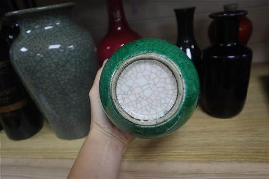 A group of Chinese crackle glaze and monochrome glaze vases etc. tallest 31cm